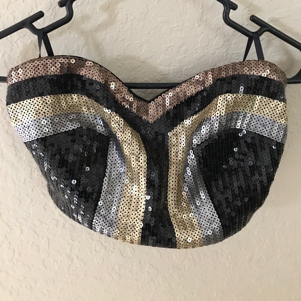 Bebe gold + silver rhinestone strapless crop top