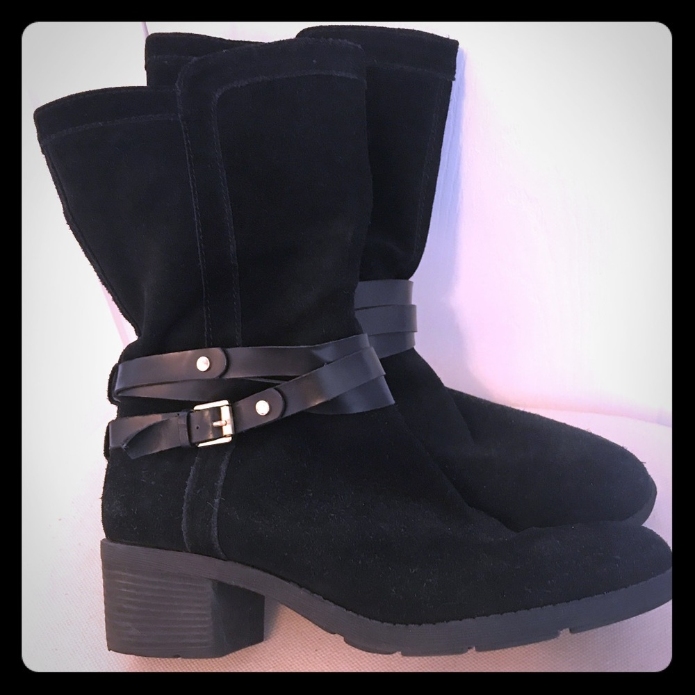 Black suede mid-calf booties