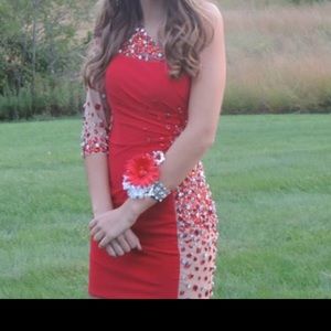 Red bejeweled one sleeve Sherri Hill dress