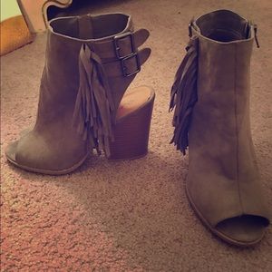 Taupe peep toe heels with fringe
