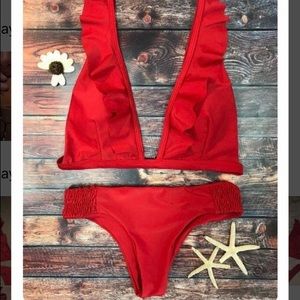 Red ruffle bikini top and bottoms