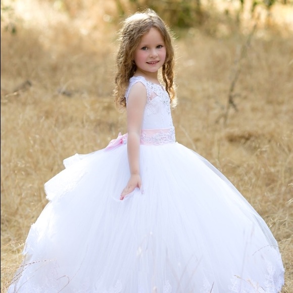 White Tulle Flower girl dress with train