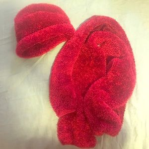 Red fuzzy hat and scarf