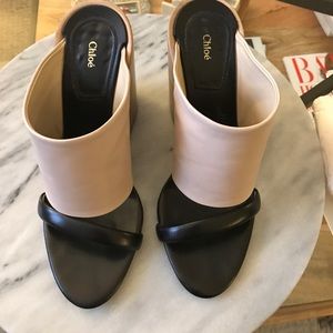 Chloe wedge slide, blush/wood/blk, size 39 or 8.5