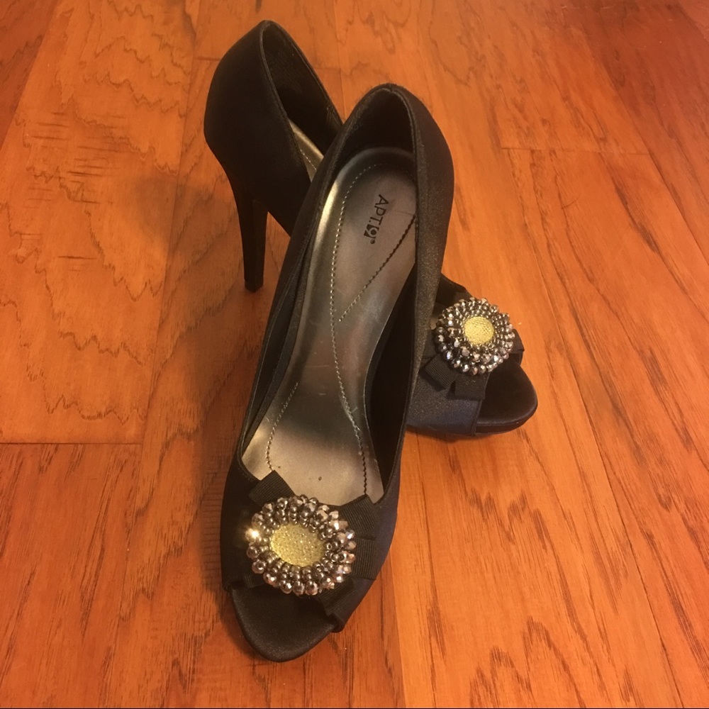 Black satin embellished peep toe pumps