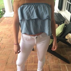 Demin colored off the shoulder ruffle top