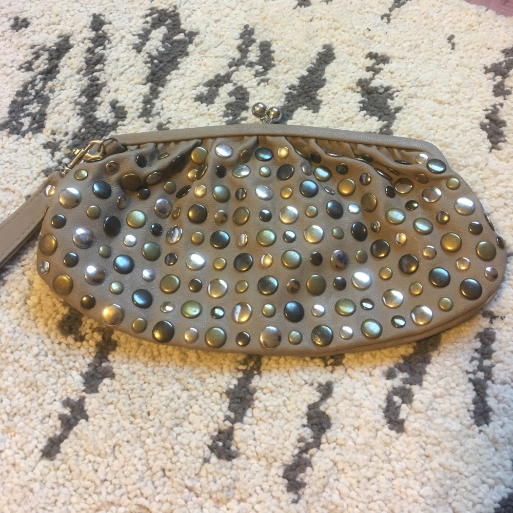 Metal and faux leather mixed clutch