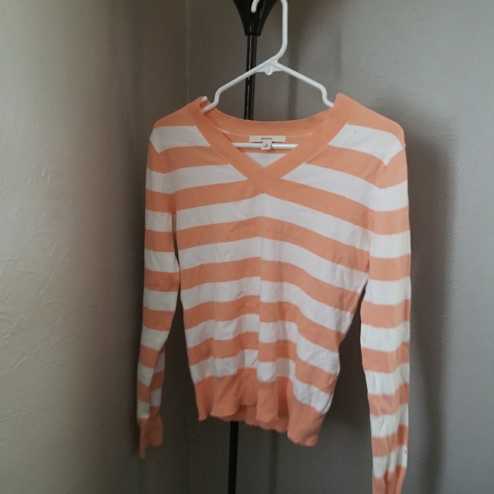White and peach striped long sleeve shirt