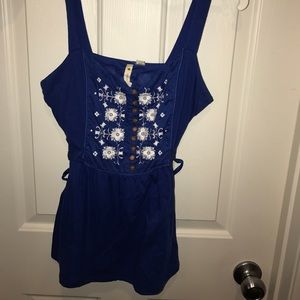 ANTHROPOLOGIE royal blue tank with cream flowers