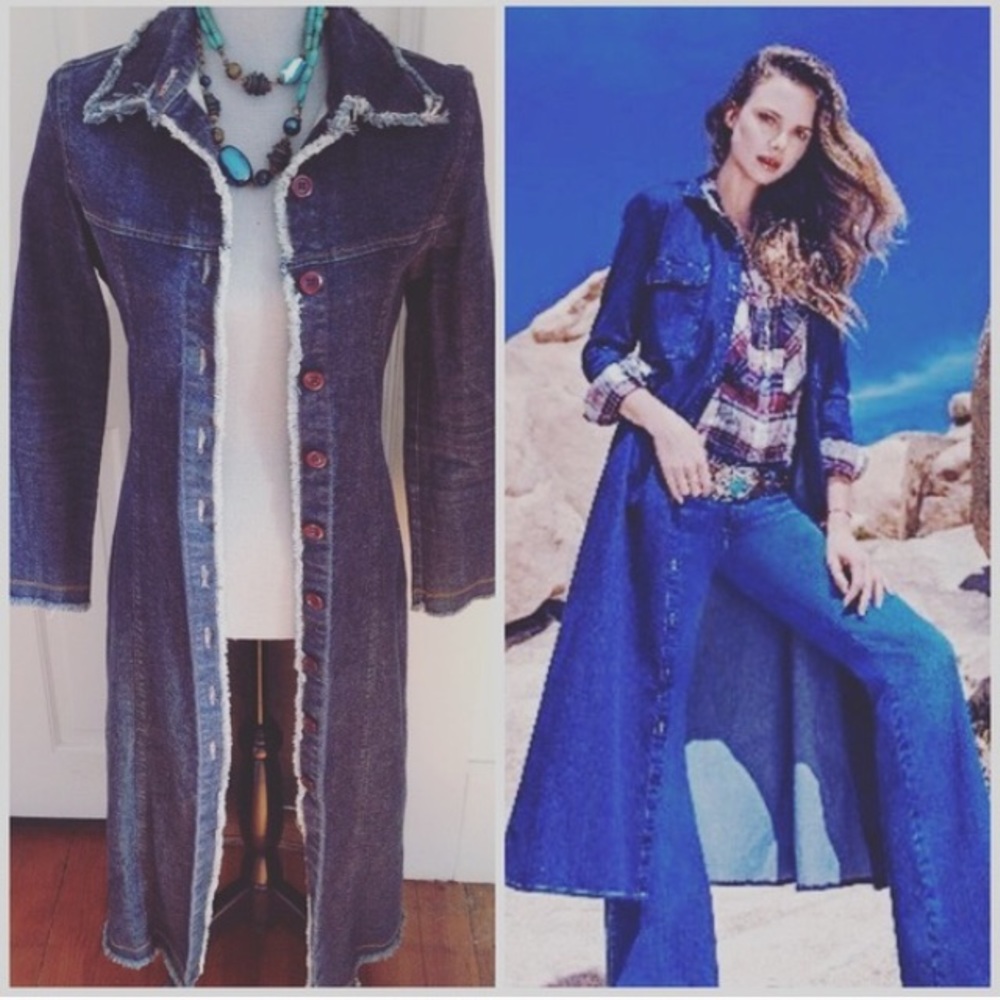Long distressed denim jacket or dress.