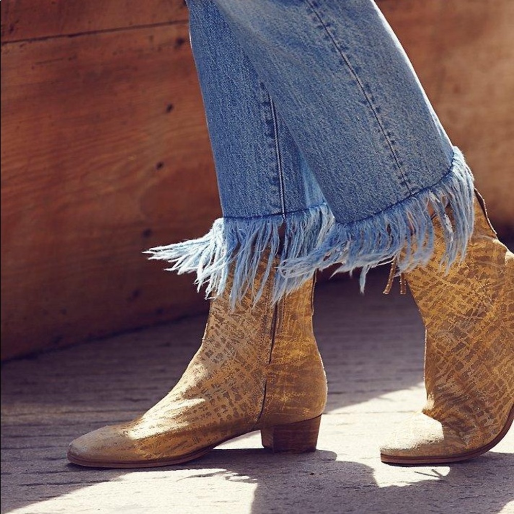 Free People Gold beige leather western Ankle Boots