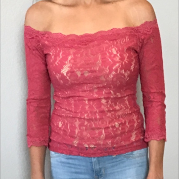 Moda International Tops - Boat neck lace top with flesh colored lining