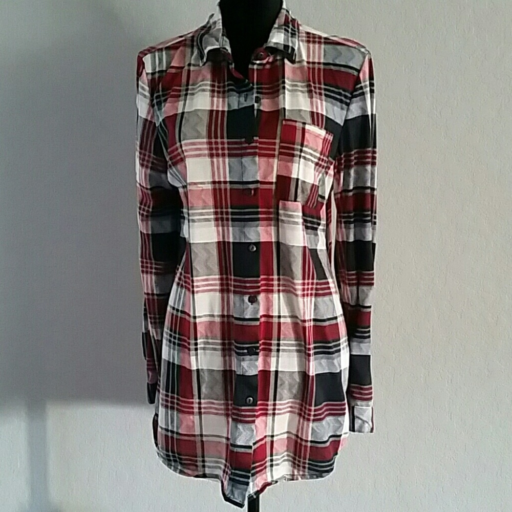Tunic length plaid button down