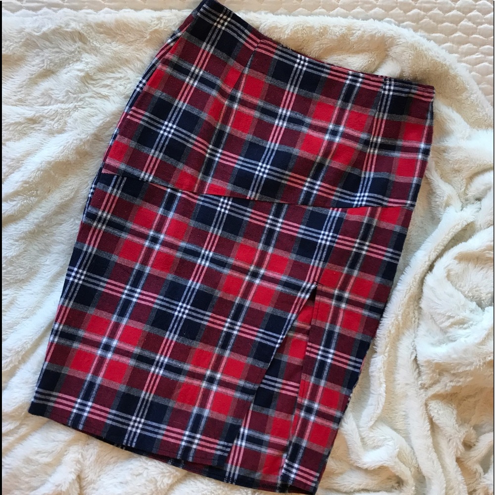 Red and blue plaid pencil skirt.
