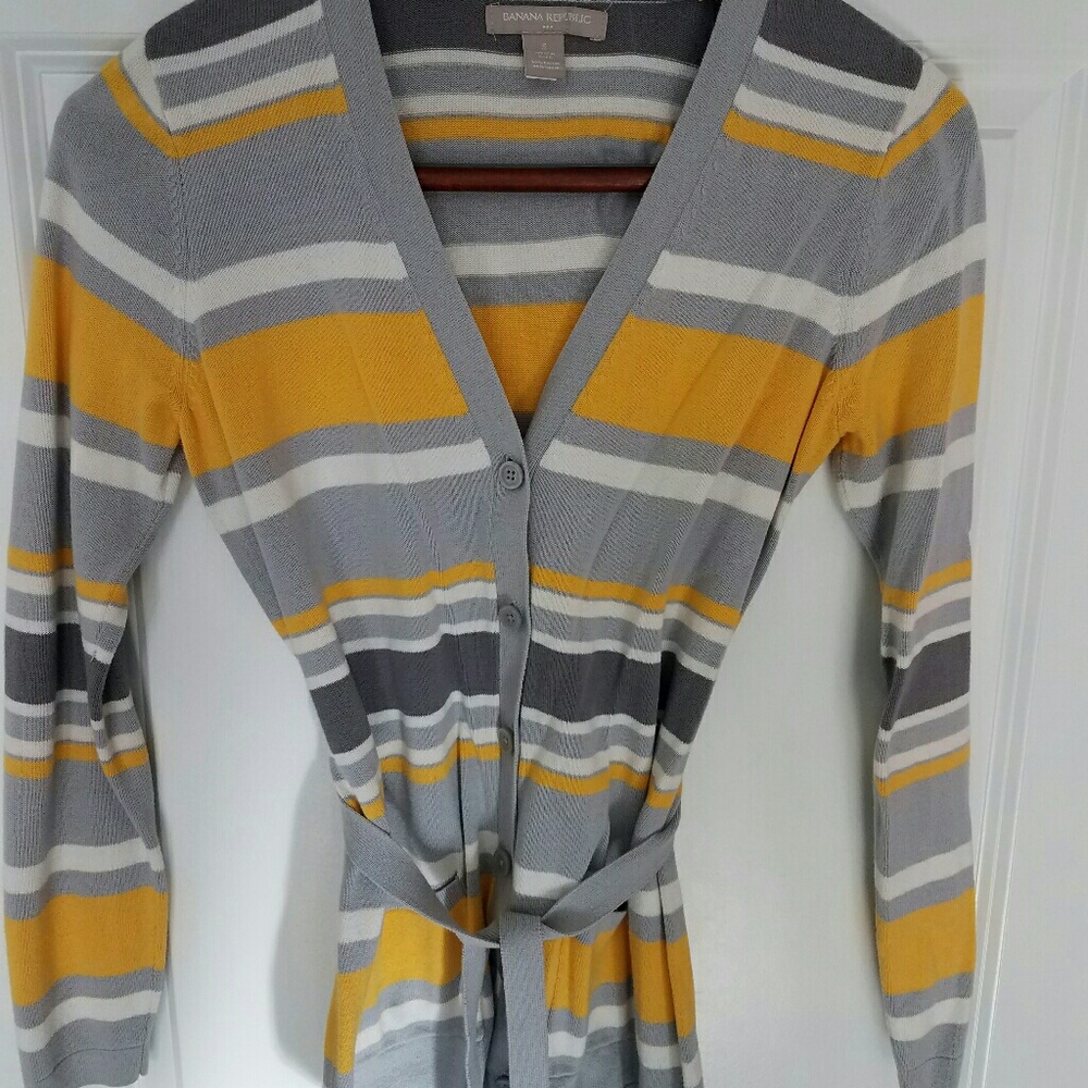 Banana Republic Yellow and Grey Striped Cardigan