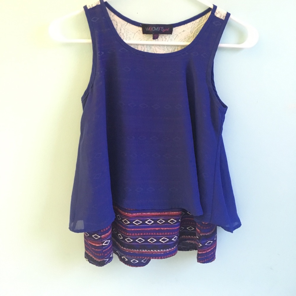 Flowy dark blue sheer tank top with pattern under
