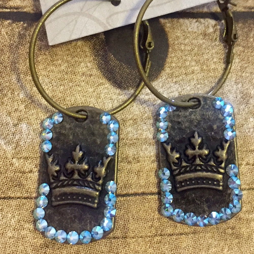 Bronze Crown Drop Earrings with Blue Crystals