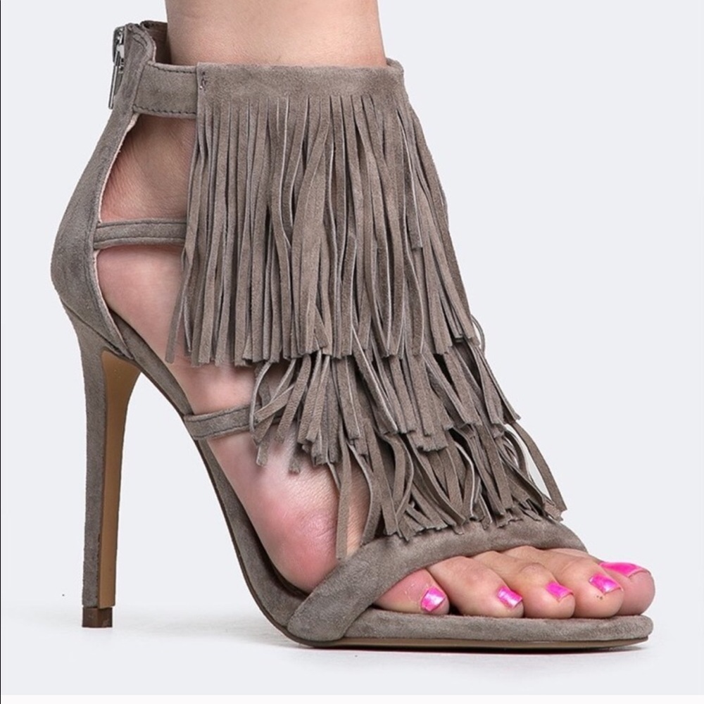 Taupe Suede Steve Madden fringe heels