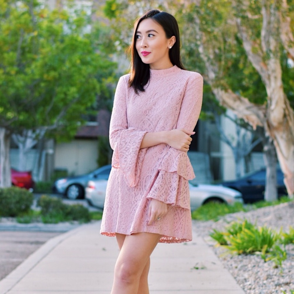 Pink Lace Bell Sleeve Dress