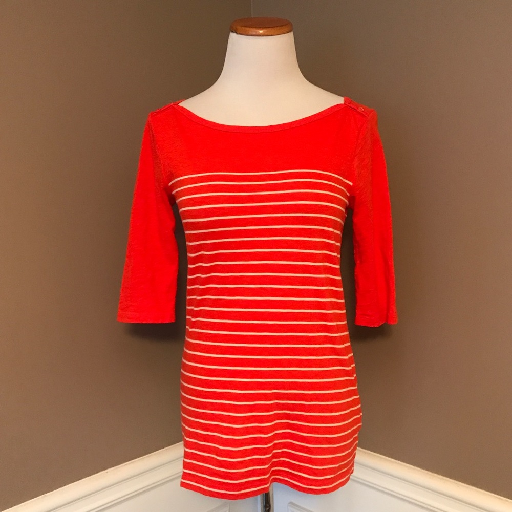 J. Crew painter stripe bateau tee in red/orange.
