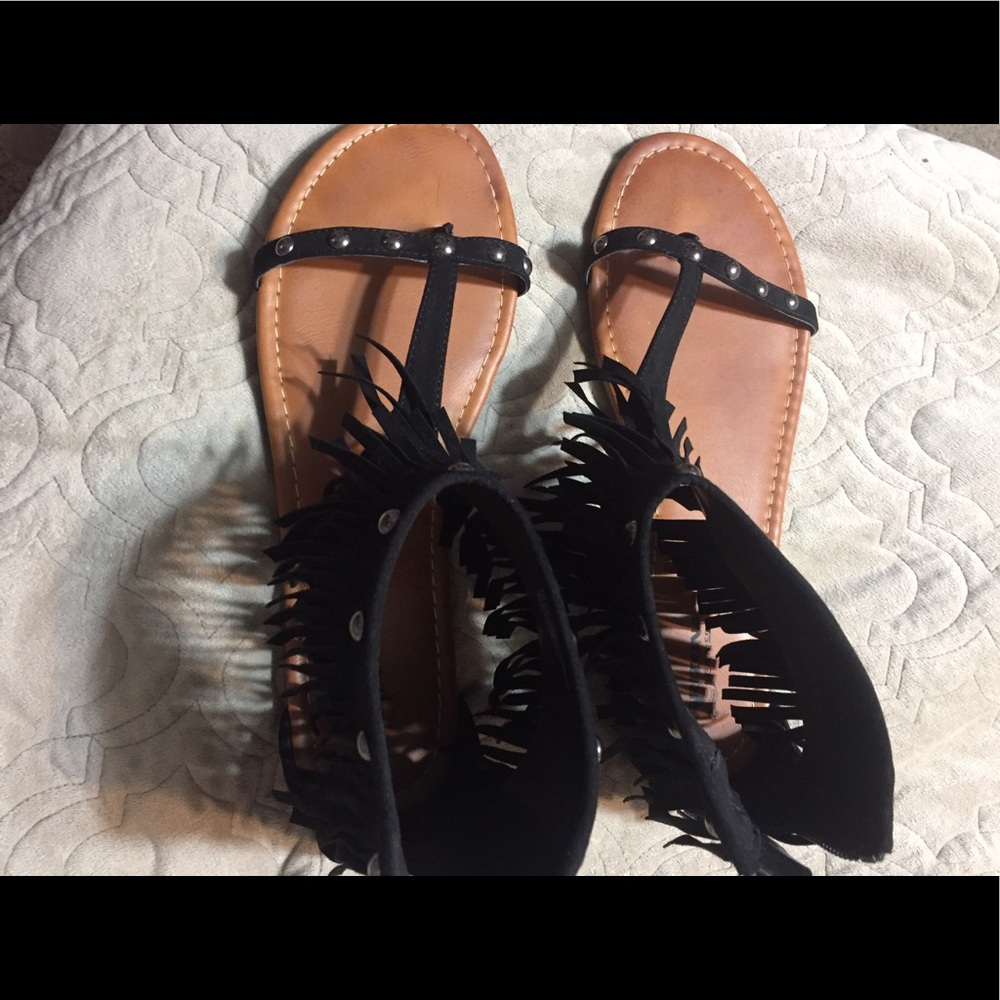 Brand new black sandals with fringe