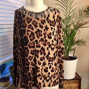 NWOT leopard print top with rhinestone neck