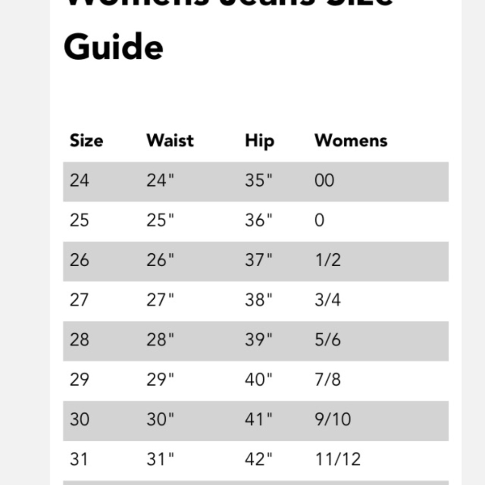 Size chart for miss me / sang real jeans