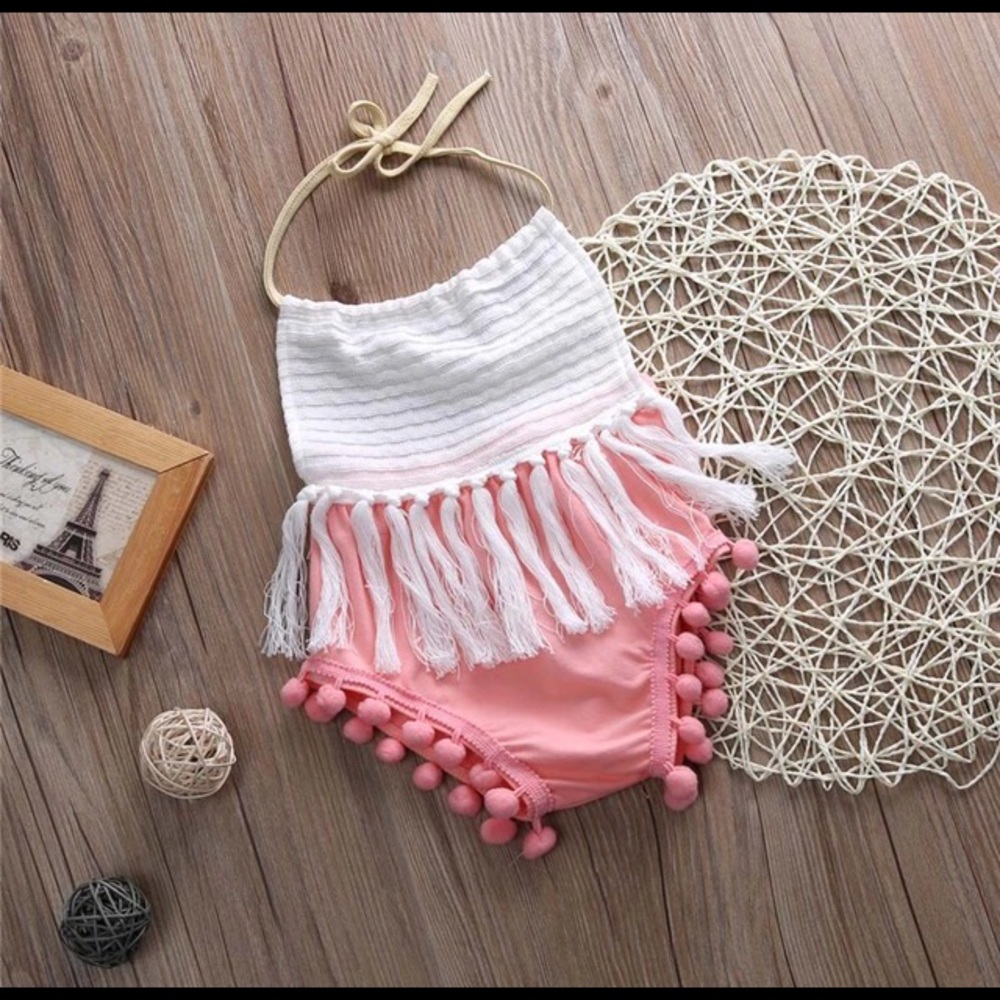 Coral romper and lace headband