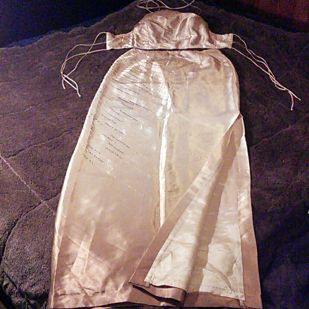 Hand beaded long and lean silky golden dress