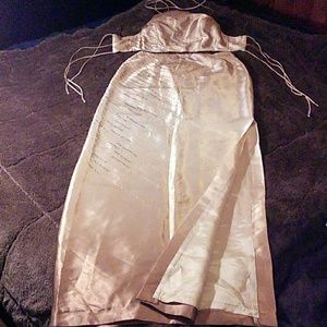 Hand beaded long and lean silky golden dress