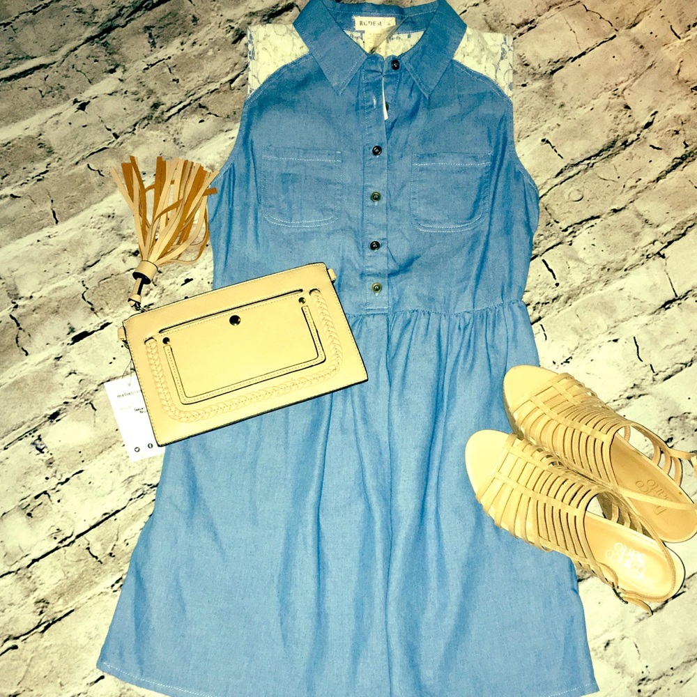 PRICE DROP! Denim Chambray Lace Detail Dress
