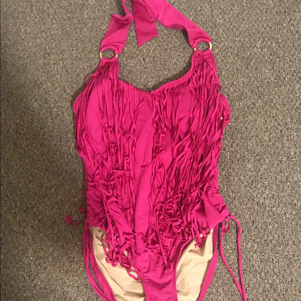 Monif C halter fringe swimsuit