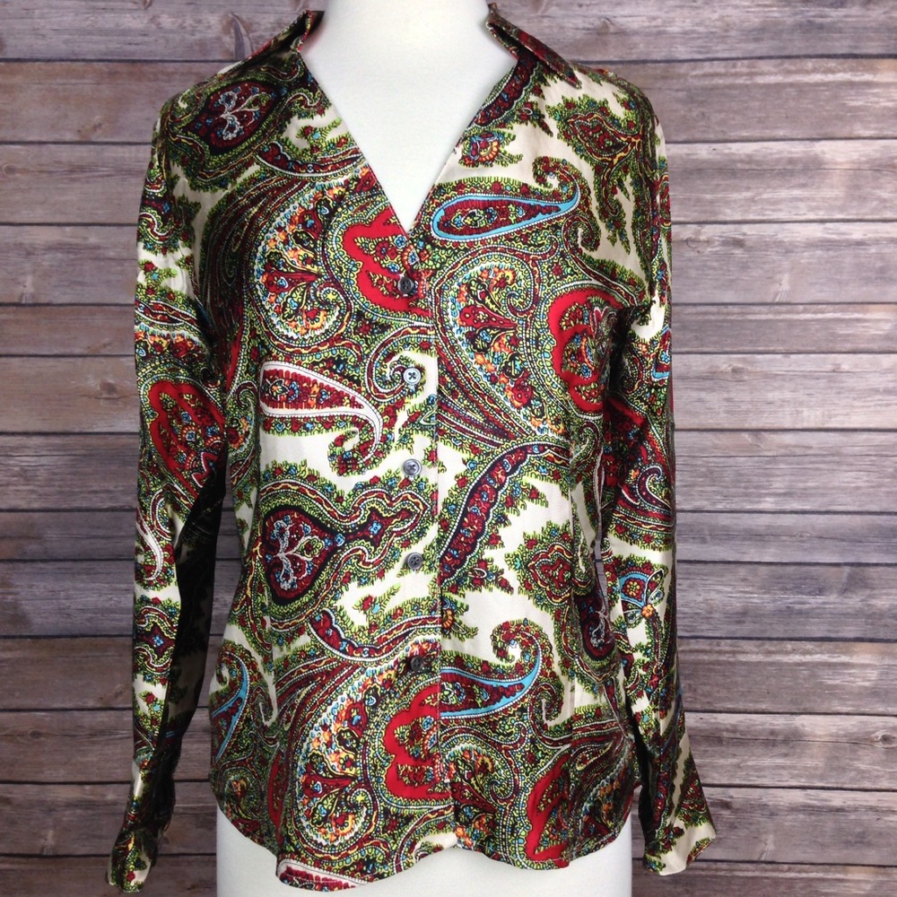Talbots Long Sleeve Multicolor Paisley Silk Shirt