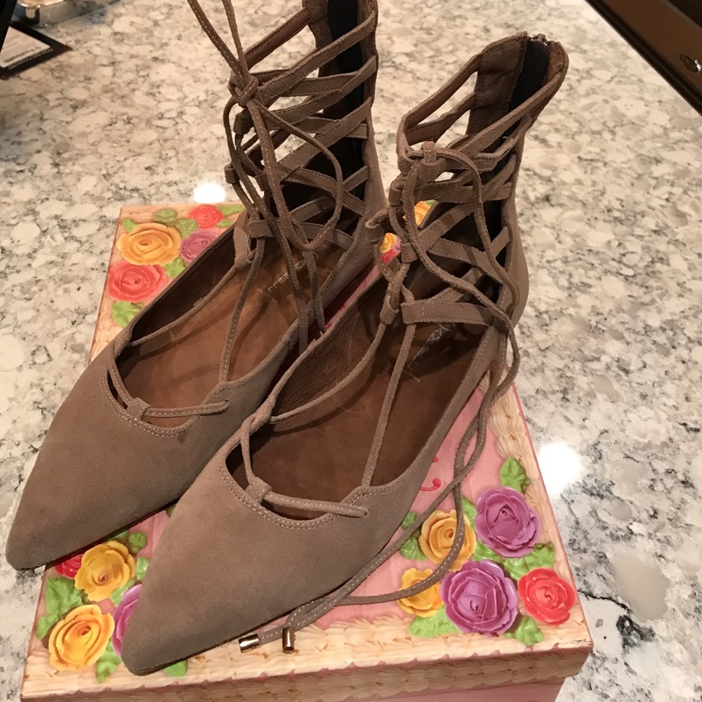 Jeffrey Campbell Shay taupe suede lace up flats