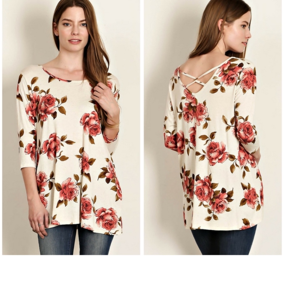 Cream Floral Print 3/4 Sleeve Top