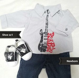 NB rocker jeans, button up & size 1 crib shoes