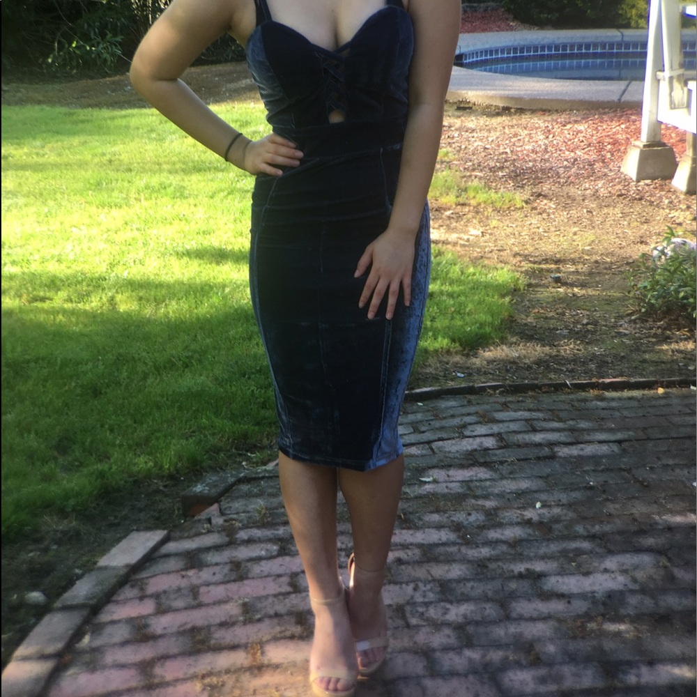 Teal/Blue Velvet Bodycon Midi Dress