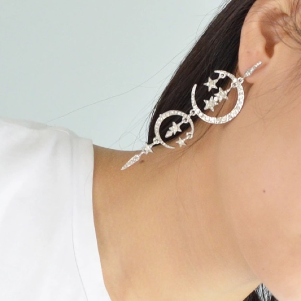 Adorable crescent moon + star rhinestone earrings
