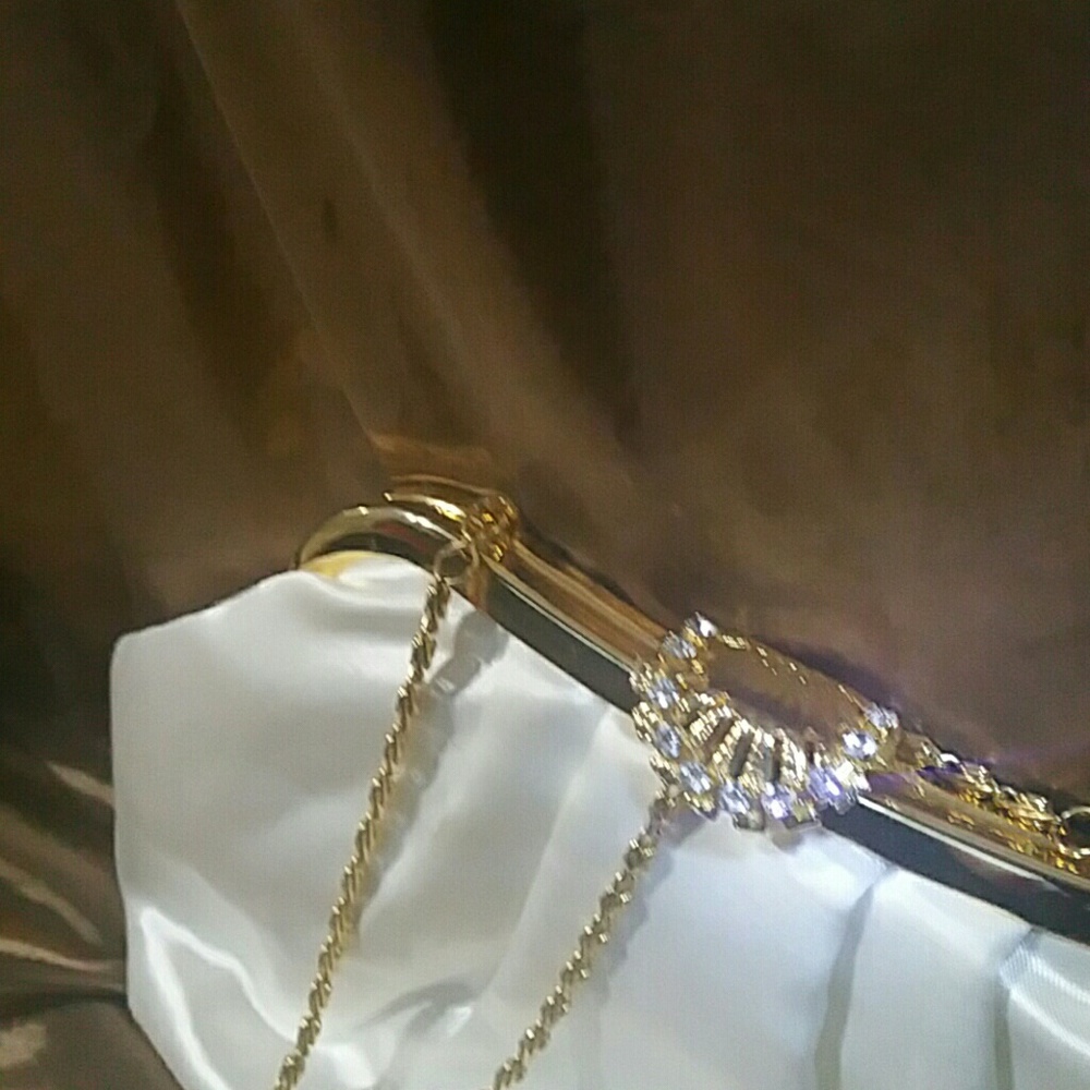Tango White Satin Gold Crystal Clutch Sholder Bag