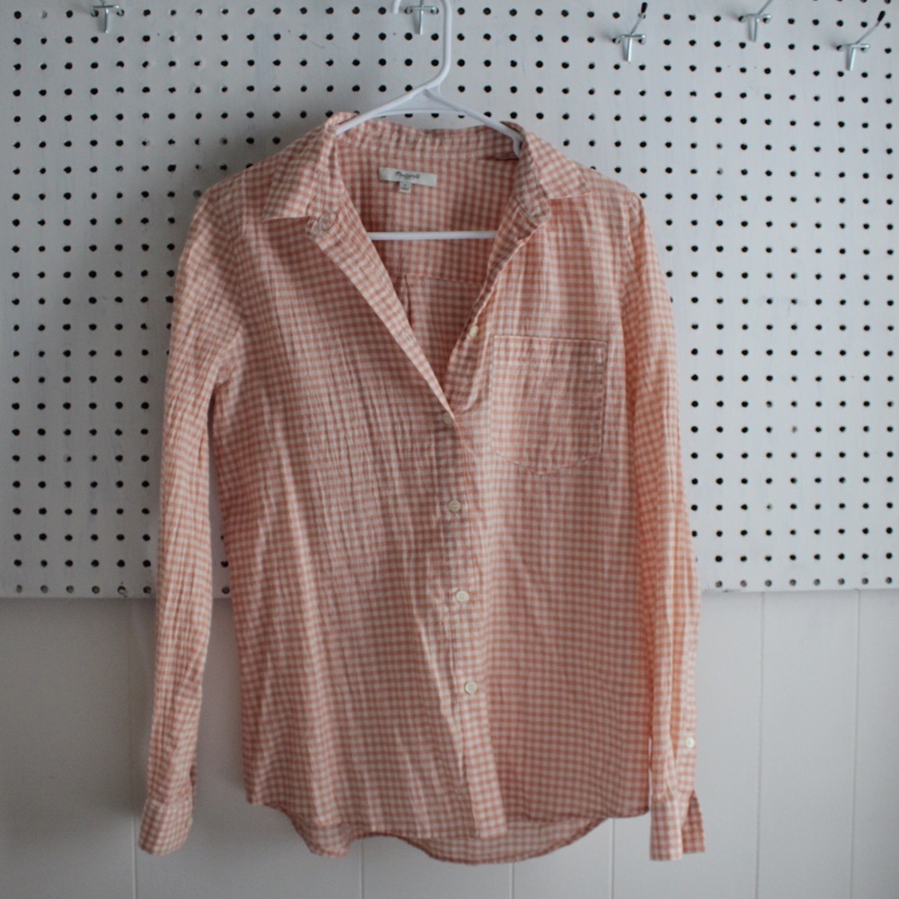 Madewell lite weight button down pink check sz S