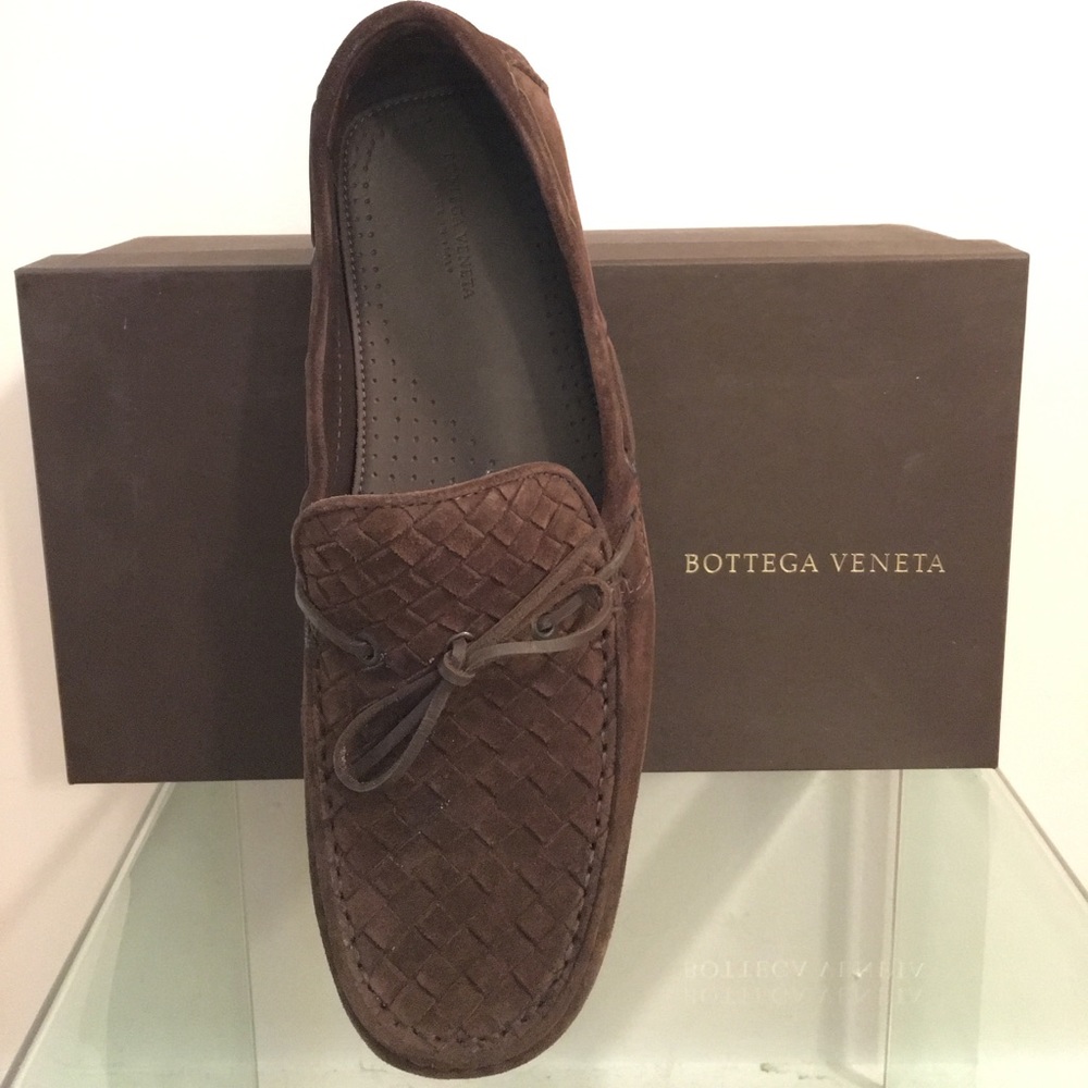 Bottega Veneta chocolate suede intrecciato loafers