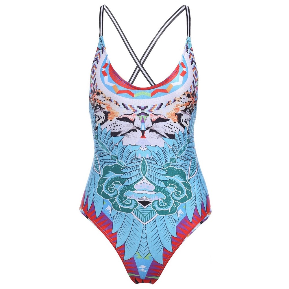 Tribal Print One Piece Swimsuit Blue Tropical