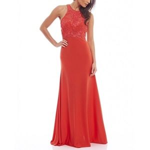 Coral Crochet Mesh Top Slinky Maxi Dress