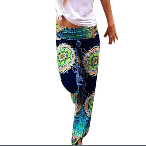 New Wide Leg Palazzo Pants Boho Hippie Navy Green - Picture 2 of 4