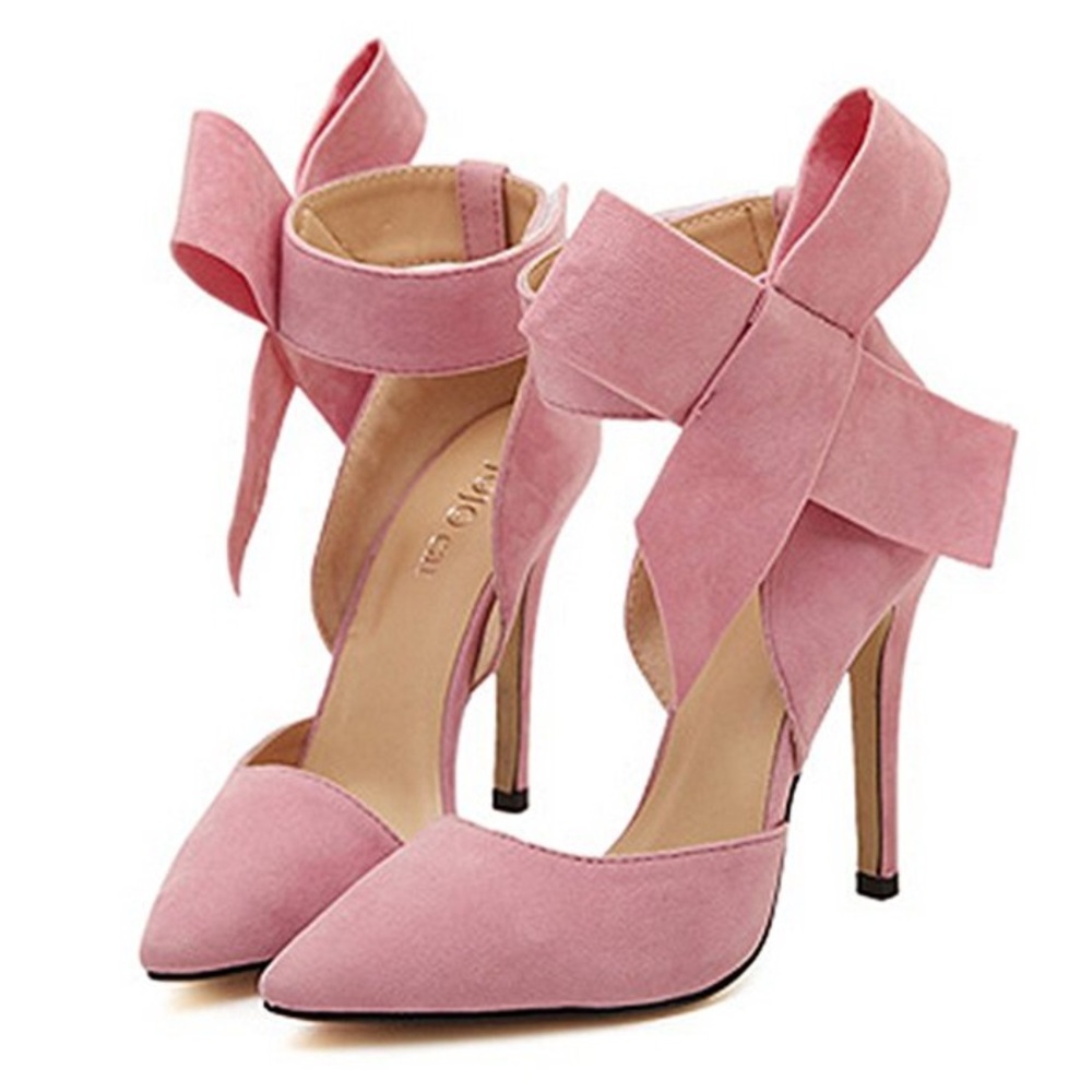 Pink suede large bow heels pump NEW