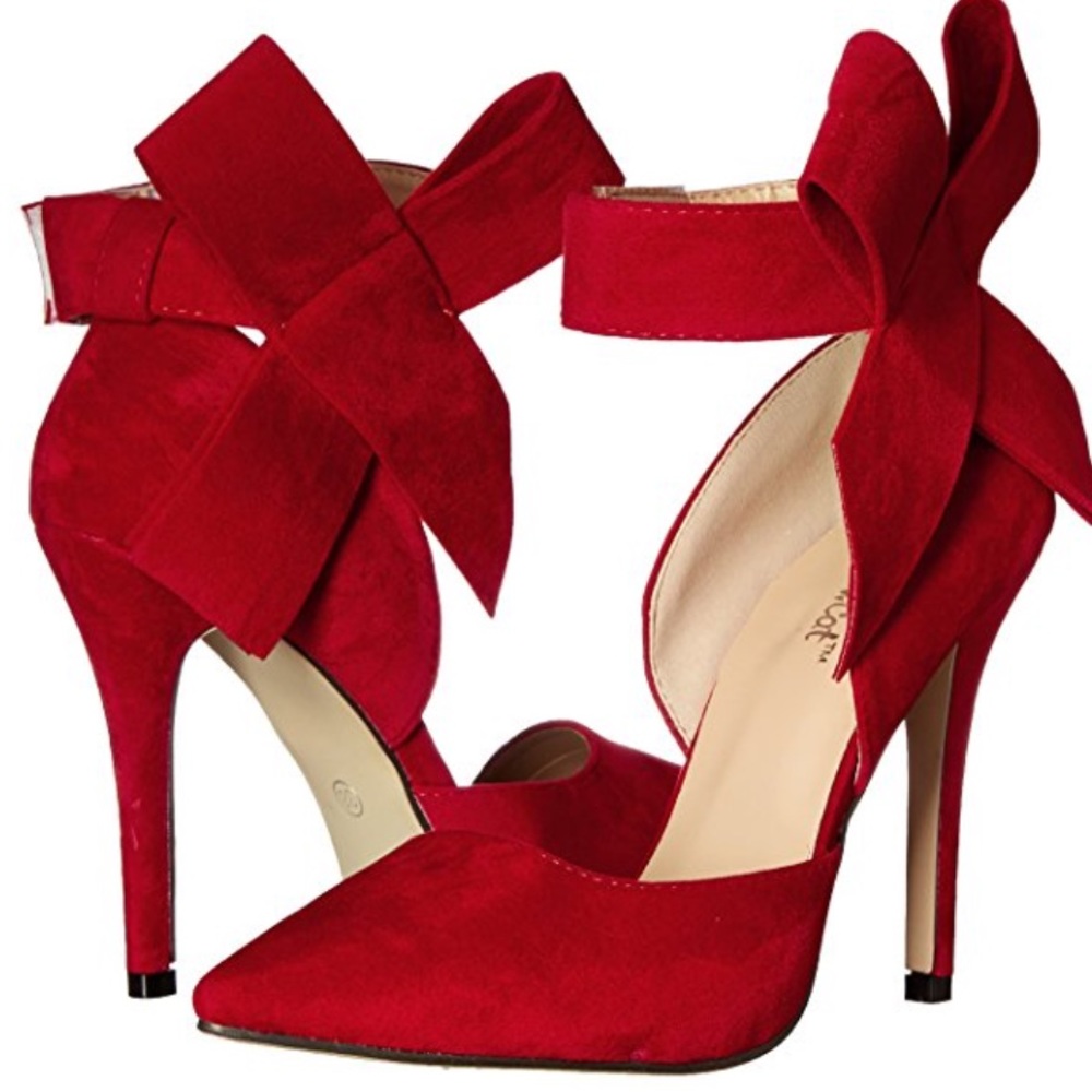 Red suede large bow heels pump new