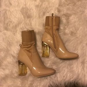 Nude Patent Leather Clear Blocked Heel Booties