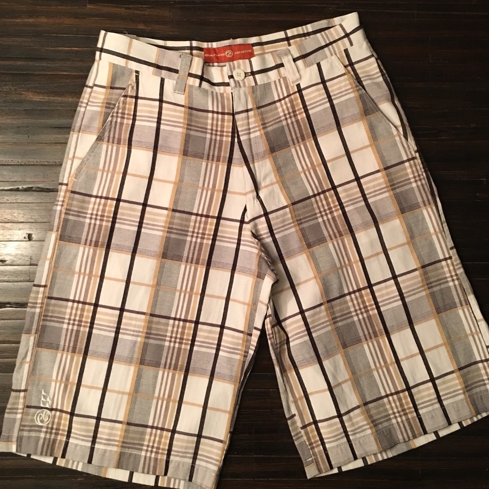 Men's plaid cotton blend long shorts