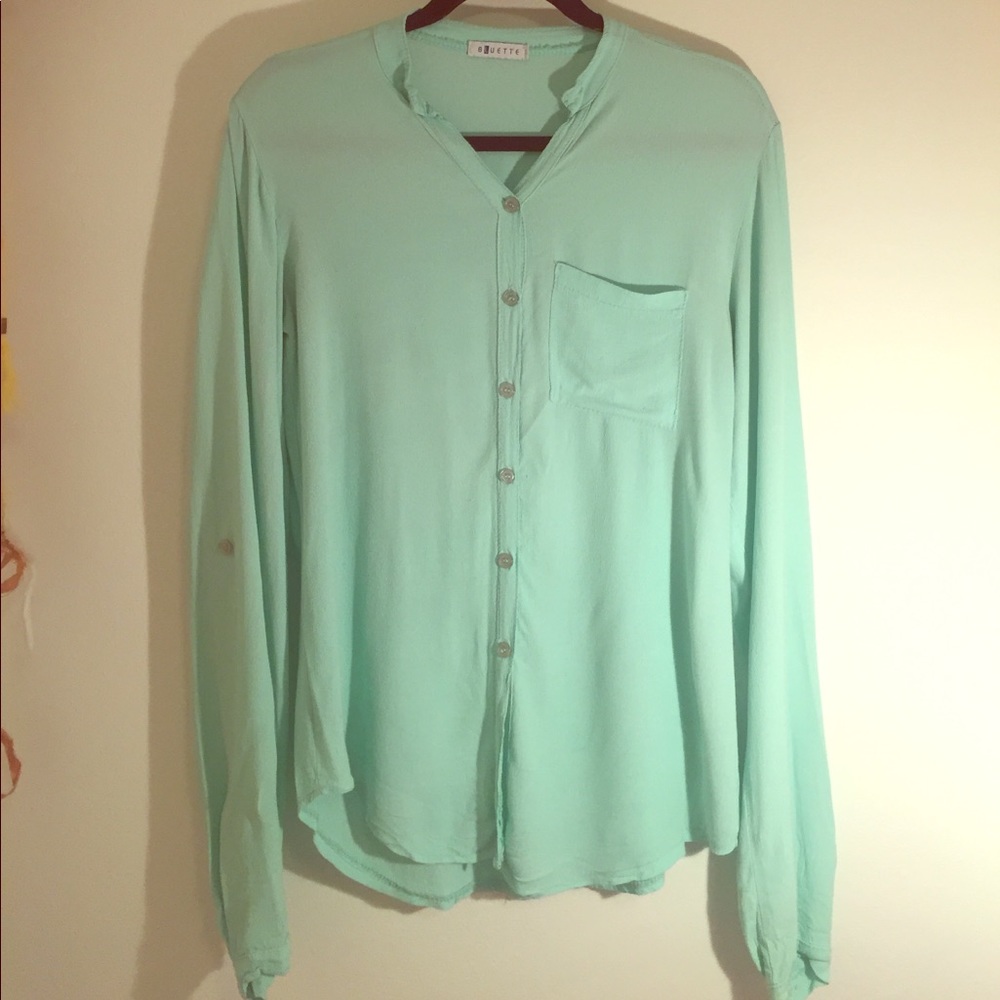 Long Sleeve Button Down in Mint with Side Pocket