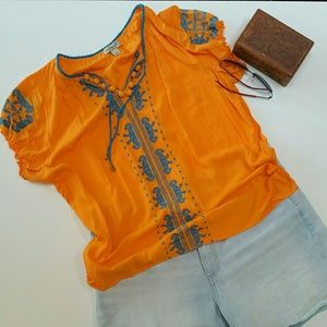 One World XL peasant top. Orange w/teal embroidery